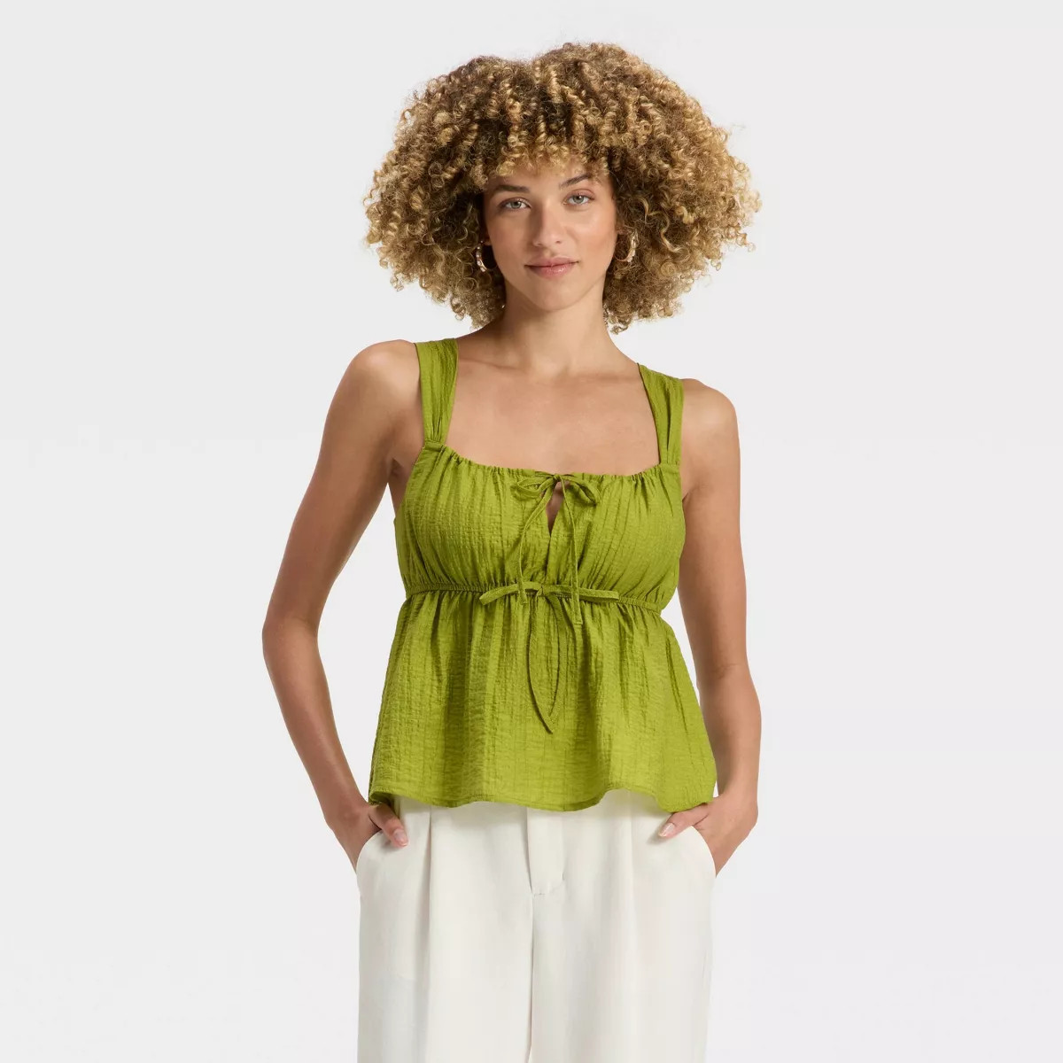 Women's Textured Tie-Front Tank Top - A New Day™ Green XXL | Target