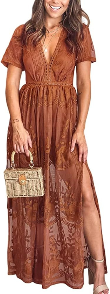 Eleter Women's Deep V-Neck Lace Romper Short Sleeve Long Dress | Amazon (US)