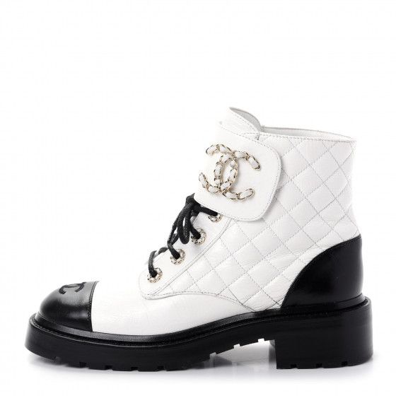 CHANEL Shiny Goatskin Calfskin Quilted Lace Up Combat Boots 38.5 White Black | Fashionphile