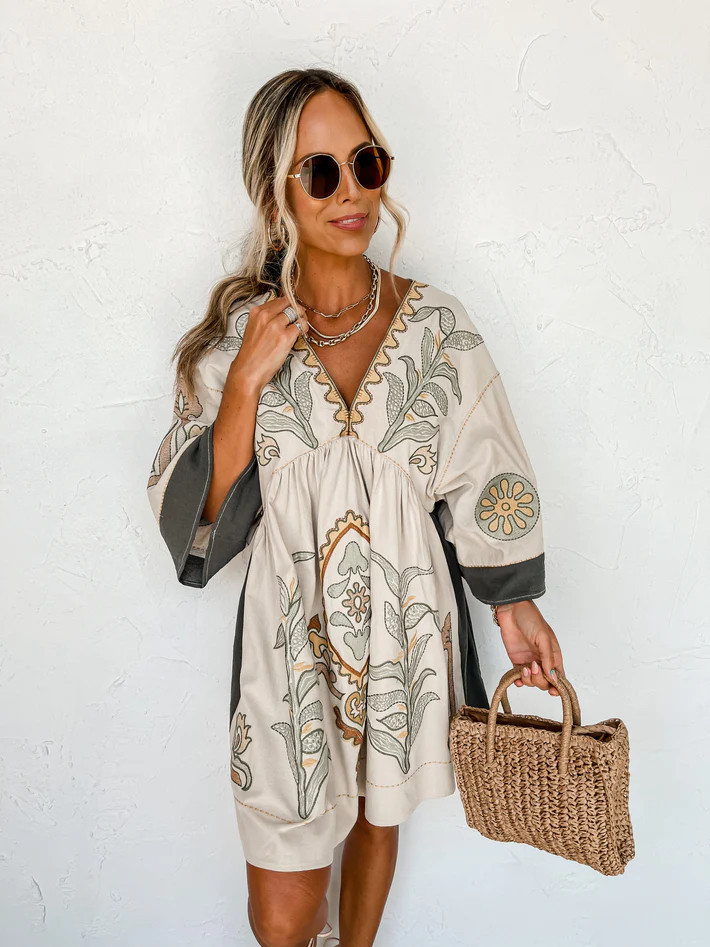 Never Adrift Embroidered V Neck Mini Dress | Ruthie Grace