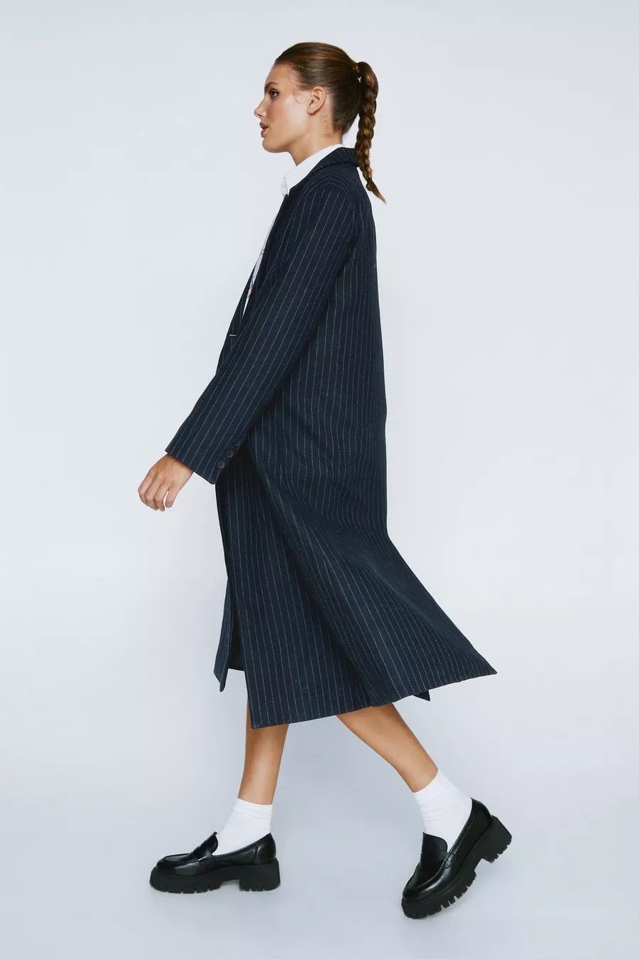 Pinstripe Wool Blend Contrast Stitch Duster | Nasty Gal (US)