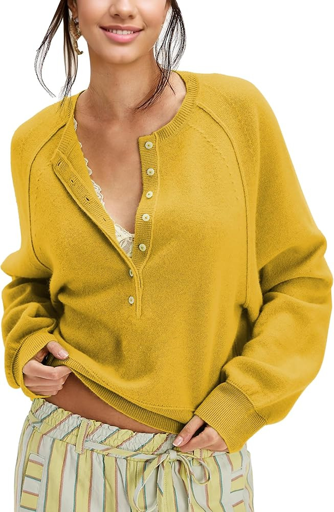 Ziqoty Women's Half Button Down Pullover Knit Sweater Casual Henley Long Sleeve Tunic Tops Loose ... | Amazon (US)