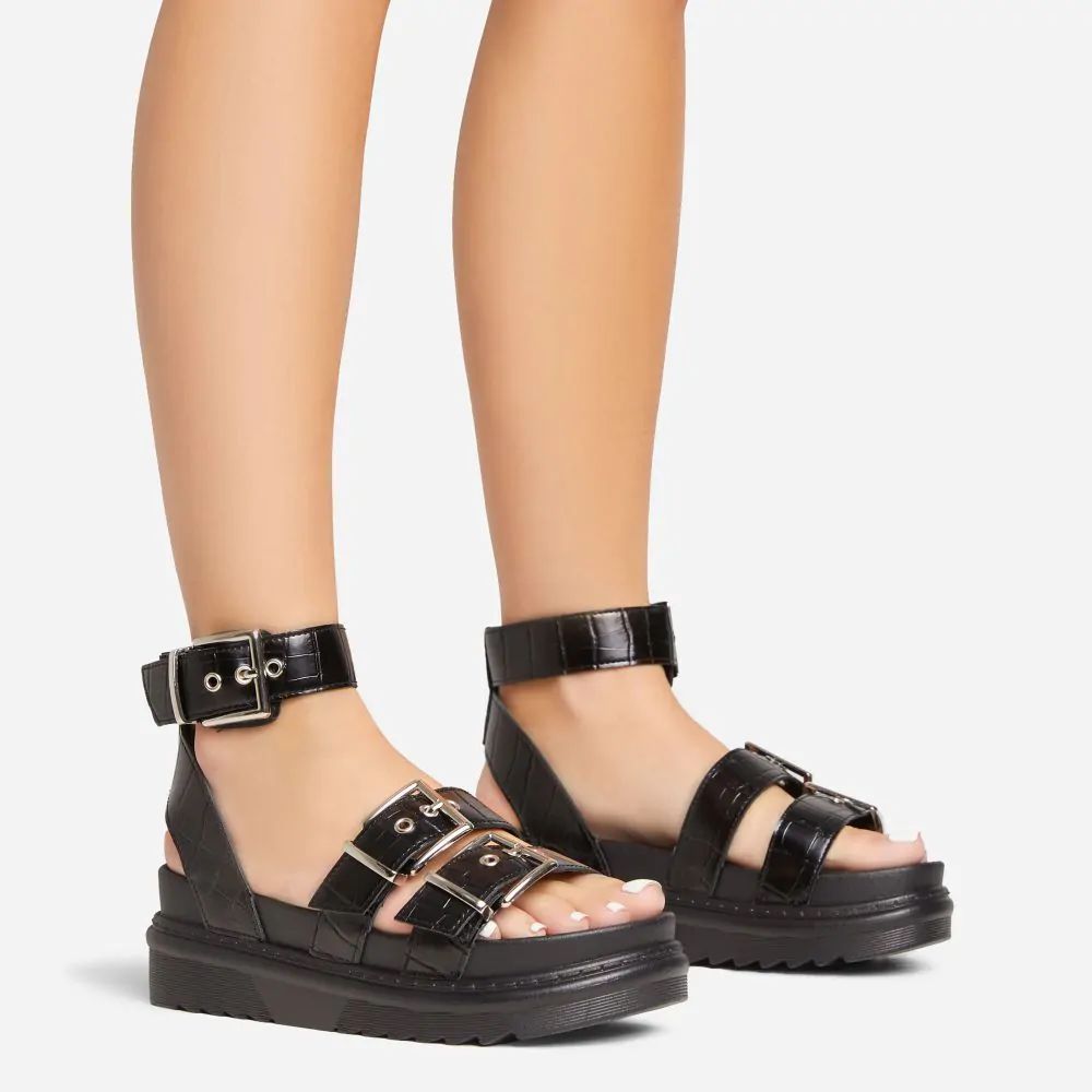 Carmen Buckle Strap Detail Chunky Sole Platform Flat Gladiator Sandal In Black Croc Print Faux Le... | EGO Shoes (US & Canada)