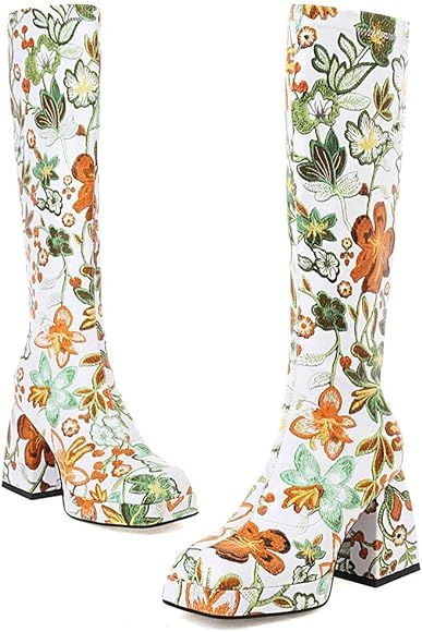 SO SIMPOK Women Flower Chunky Heel Knee High Boots Square Toe Goth Platform Boots Combat Riding B... | Amazon (US)