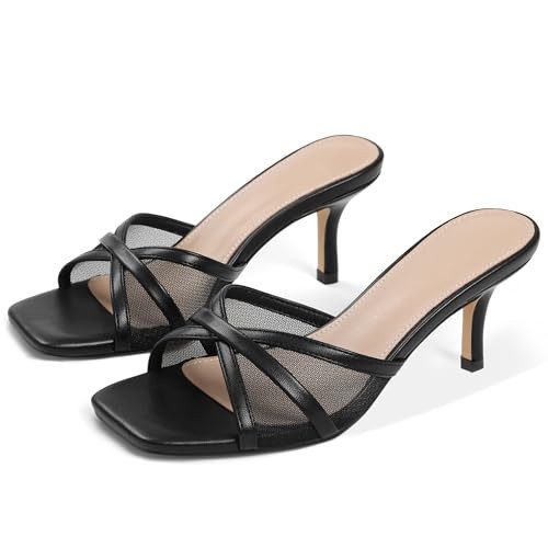 Eteridrey Black Kitten Heels for Women, Mesh Short Heels, Comfortable Square Open Toe 3 Inch Heel, Slip-on Low Heeled Sandals, Mule Cute Heels for Party Graduation & Summer Dressy Outfits | Amazon (US)