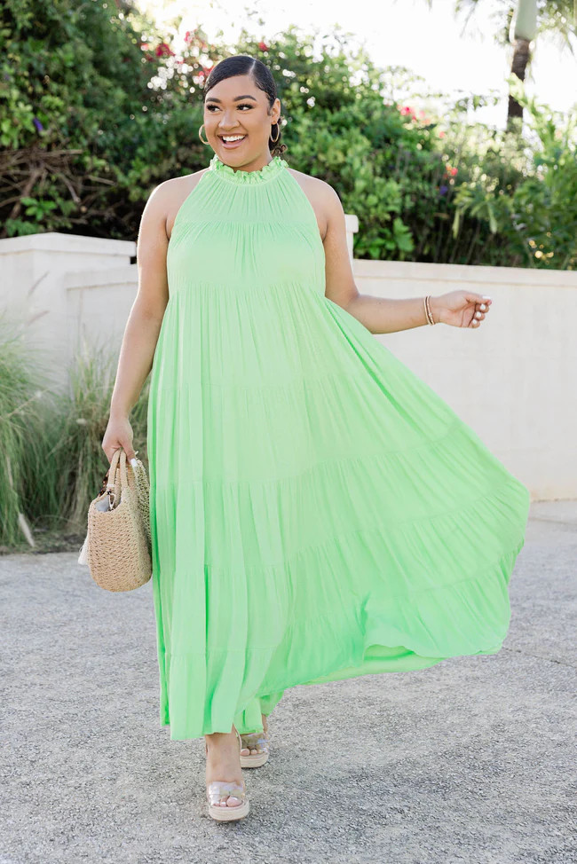 Twirl Me Around Lime Green Halter Gauze Maxi Dress | Pink Lily