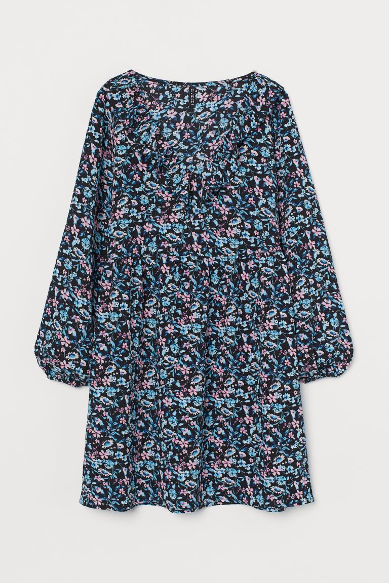 Short, gently flared dress in woven fabric. Ruffle-trimmed V-neck and long sleeves with narrow el... | H&M (US + CA)