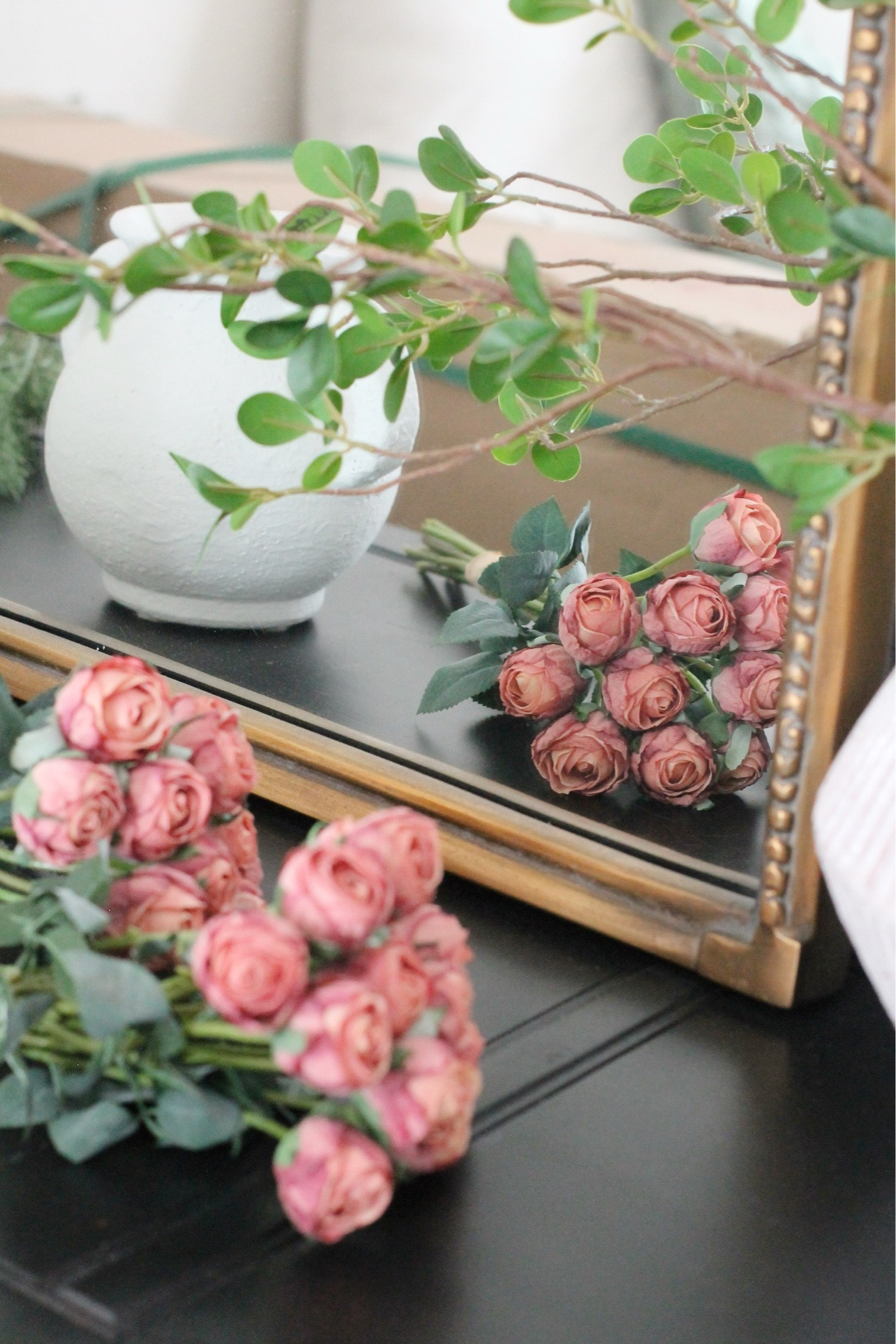 Vintage romantic decor
Realistic faux flowers
Dried roses
Spring decor 
Gold ornate mirror
White vases 
Florals 


#LTKSeasonal #LTKHome #LTKFindsUnder50