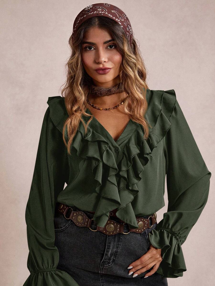 Freevana Plus Size Women's Simple Solid Color Ruffled Casual Vacation Loose Shirt, Spring/Autumn,... | SHEIN