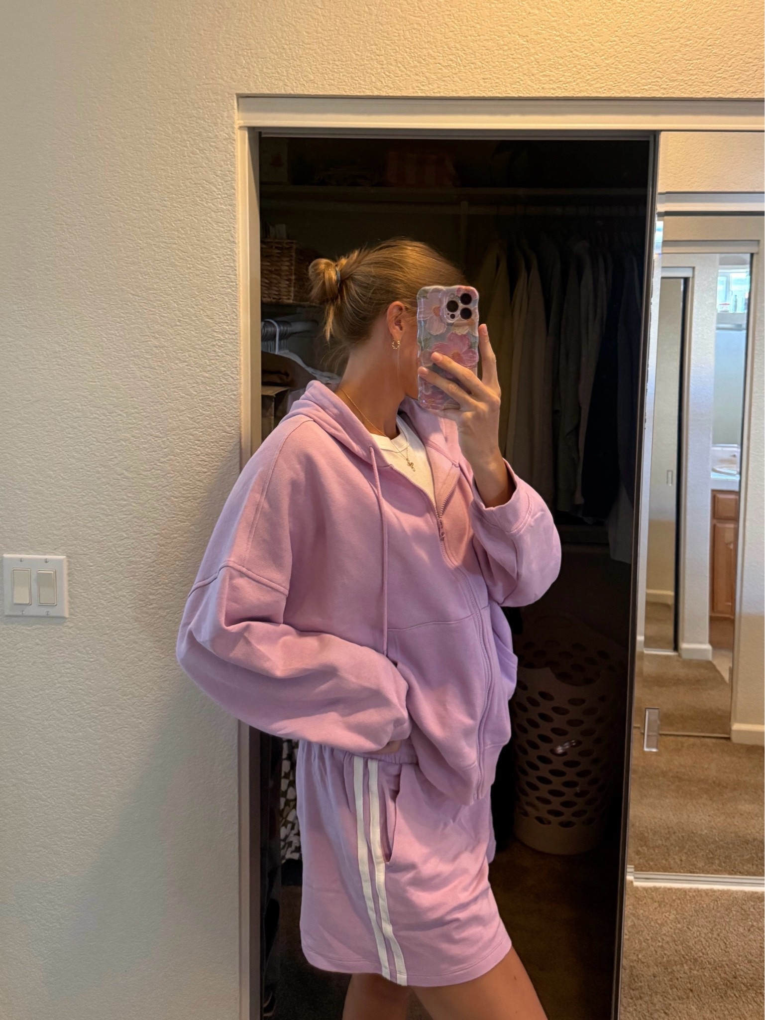 The cutest matching set! Both hoodie and shorts on sale rn! 💜 sized up in hoodie, true to size in shorts.