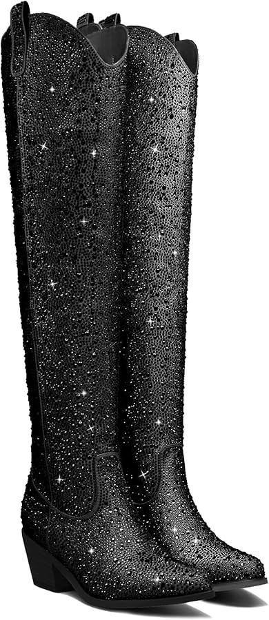 Women's Silver sparkle Rhinestone Over the Knee Cowboy Boots Sexy Glitter Pointed Toe Chunky Heel... | Amazon (US)