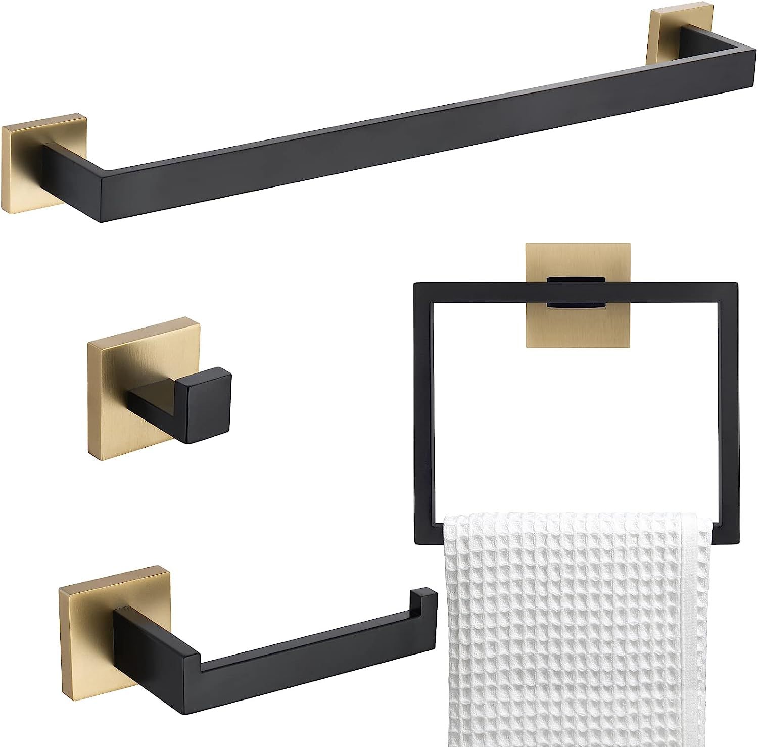 Bathroom Towel Bar Holder Sets Black and Gold 4-Piece Bathroom Hardware Set Stainless Steel Bath ... | Amazon (US)