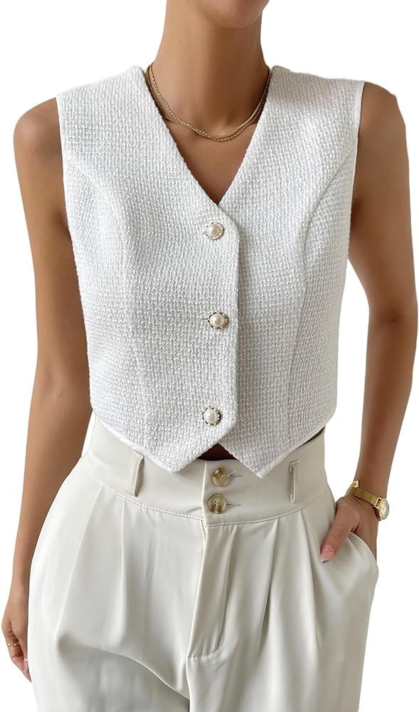 WDIRARA Women's Asymmetrical Hem Button Front Crop Blazer Sleeveless V Neck Blazer Vest | Amazon (US)
