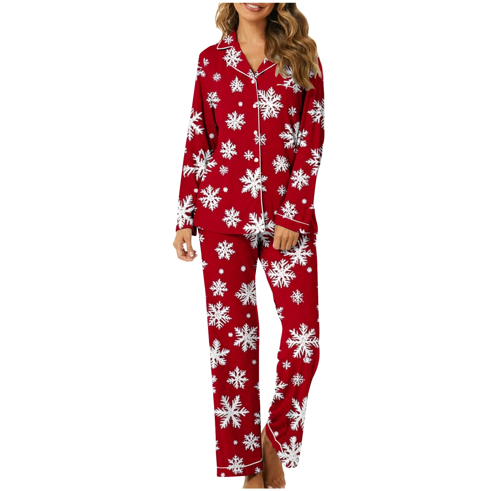 Tnhcen Holiday Women’s Christmas Snowflake Print Pajamas 2-Piece Long Sleeve Button Pjs Set Sof... | Walmart (US)