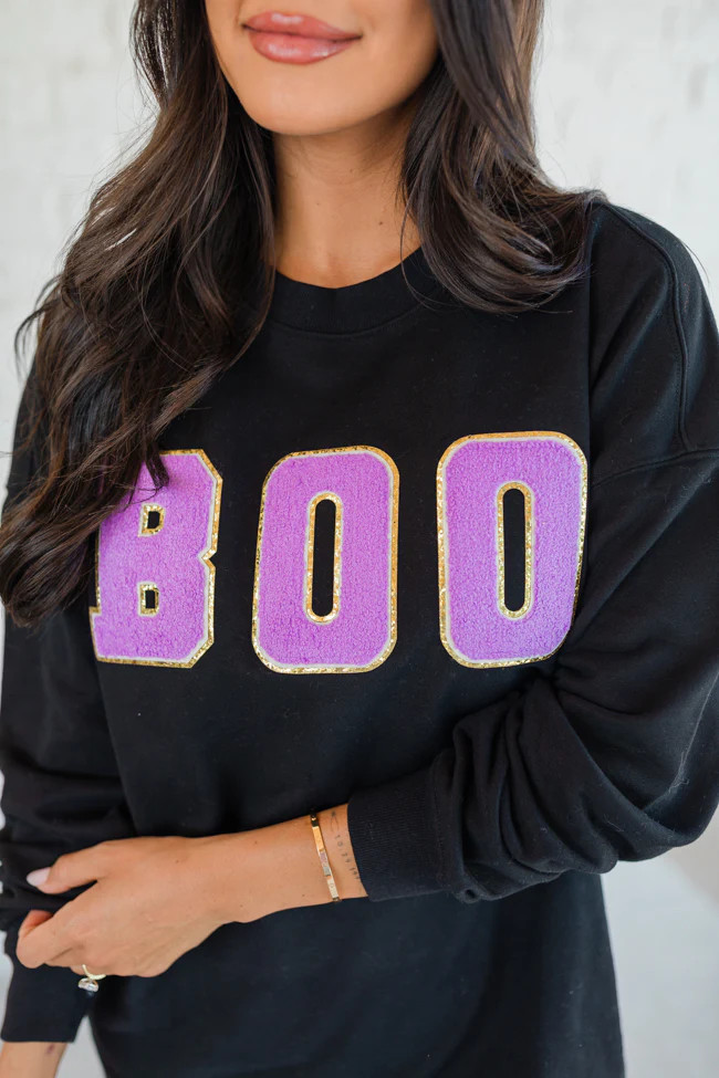 BOO Chenille Patch Black Oversized Graphic Sweatshirt SALE | Pink Lily