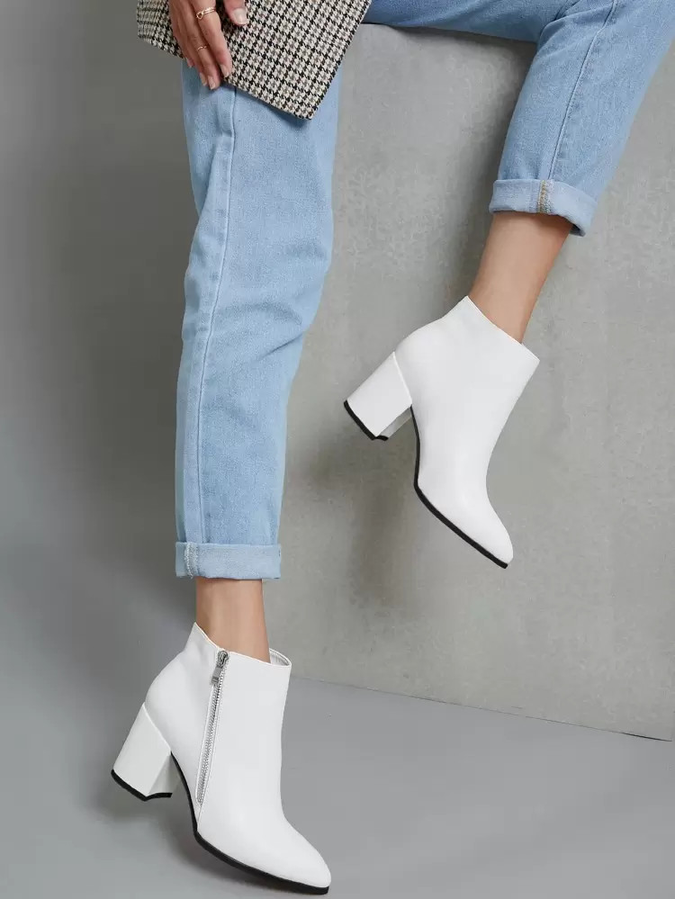 Pointy Toe Block Heel Side Zipper Ankle Boots | SHEIN