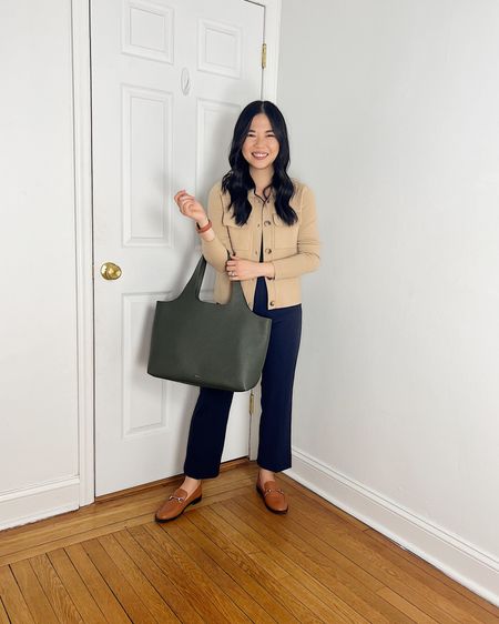 Camel sweater jacket (XSP)
Brown tank top (XS/S)
Navy pants (4P)
Olive green tote bag
Brown loafers (TTS)
Business casual outfit
Neutral work outfit
Ann Taylor outfit
Cuyana System tote

#LTKfindsunder100 #LTKworkwear #LTKstyletip