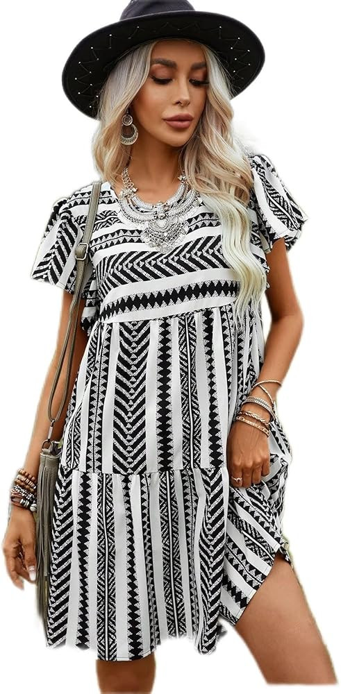 Women's Dresses Geo Print Butterfly Sleeve Ruffle Hem Smock Dress Dress for Women | Amazon (US)