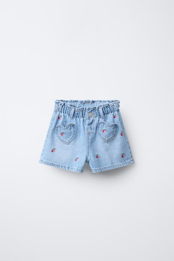 EMBROIDERED CHERRY DENIM PAPERBAG BERMUDA SHORTS | Zara UK