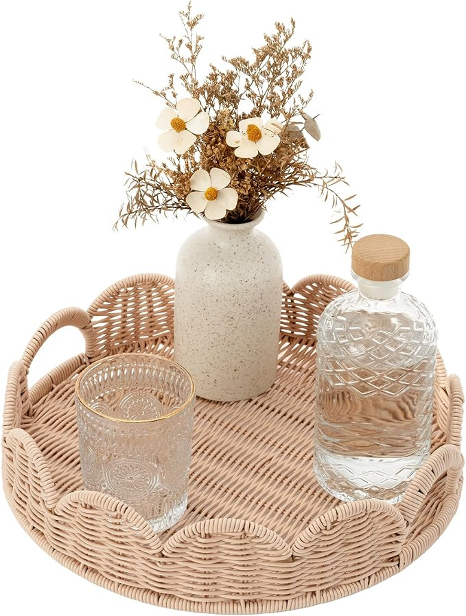 GRANNY SAYS Wicker Decorative Scalloped Trays for Home Decor, Coffee Table Trays with Handles, Wo... | Amazon (US)