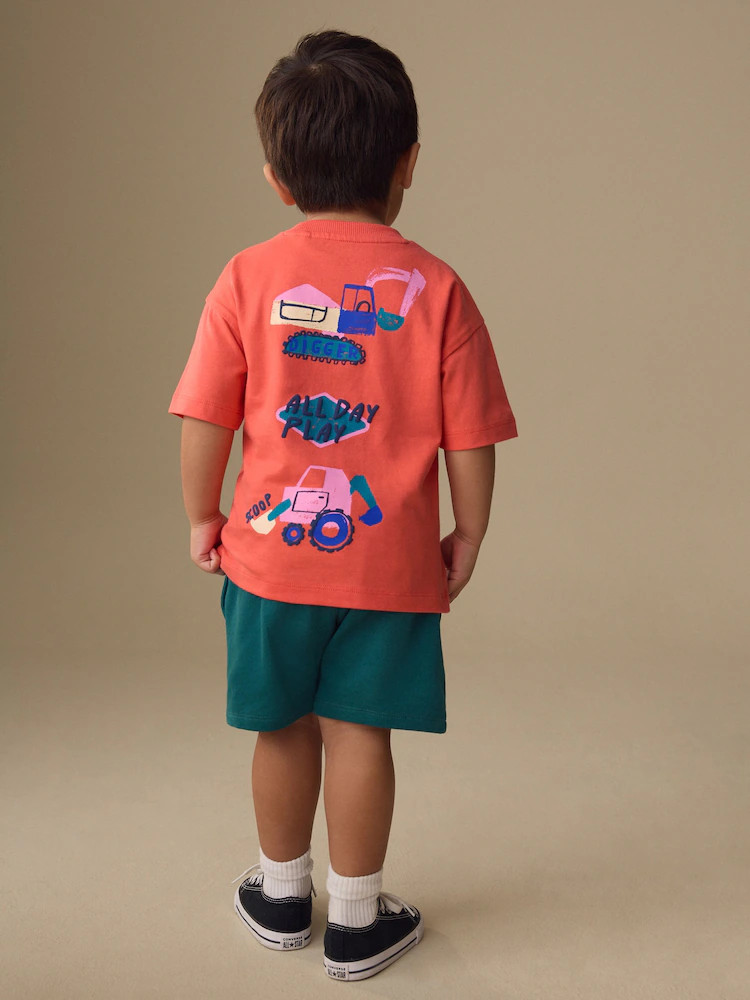 Coral Pink Digger Short Sleeve Back Print T-Shirt and Shorts Set (3mths-7yrs) | Next US
