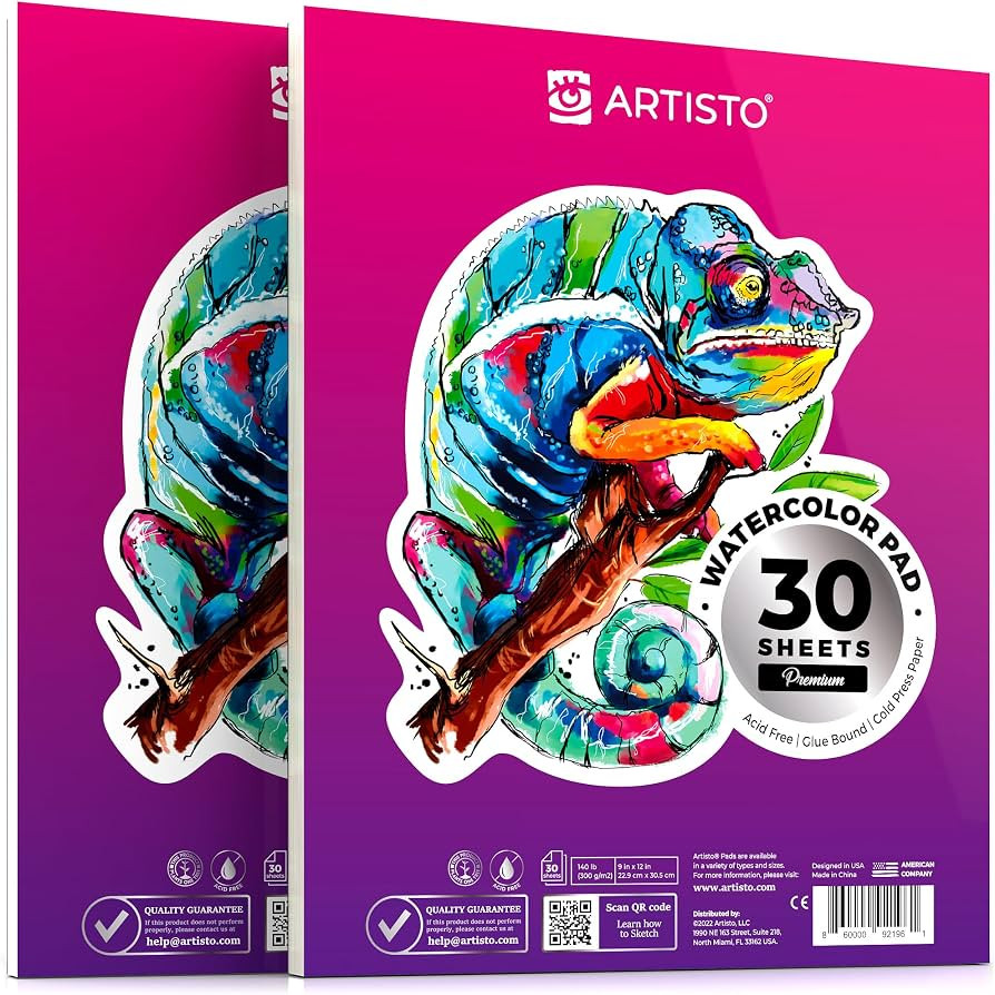 ARTISTO Watercolor Pads 9x12”, Pack of 2 (60 Sheets), Glue Bound, Acid-Free Paper, 140lb (300gs... | Amazon (US)