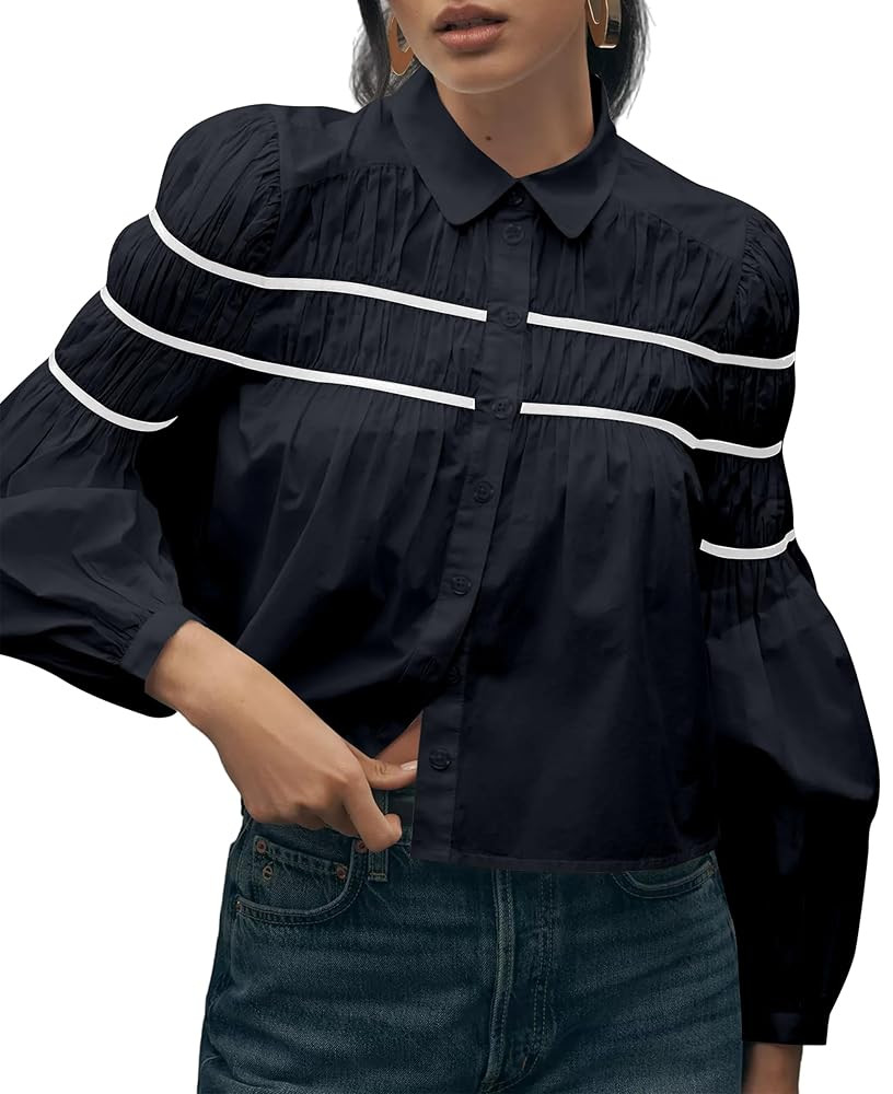 Women’s Puff Sleeve Shirred Blouse Button Front Peter Pan Collar Contrast Cotton Shirt Cute Bab... | Amazon (US)