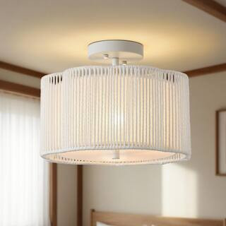 13 in. 3-Light White Boho Rattan Semi Flush Mount Ceiling Light, Handwoven Flower Light for Bedroom, Kitchen, Hallway | The Home Depot
