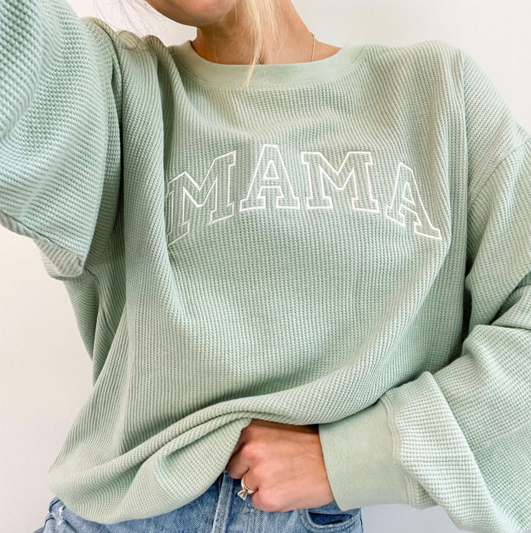 Perfect waffle knit sweater for the already mama or mama to be. I’m going to order the oat with white stitching. Great for a maternity outfit or to wear at the hospital. 

#LTKbump #LTKU #LTKbaby