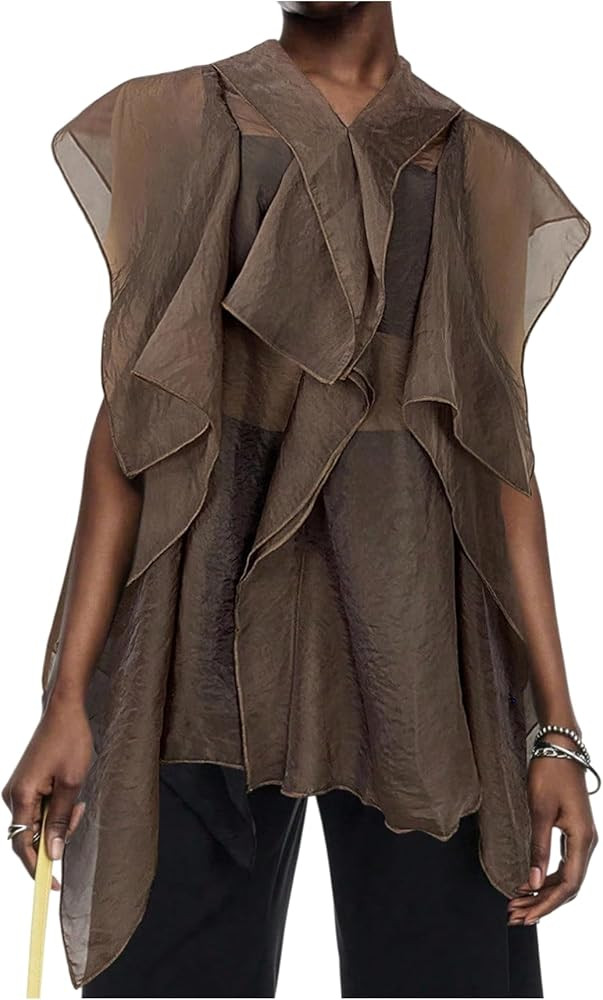 OYOANGLE Women's Asymmetrical Ruffle Chiffon Blouse Sheer Cap Sleeve V Neck Flowy Trendy Tops | Amazon (US)