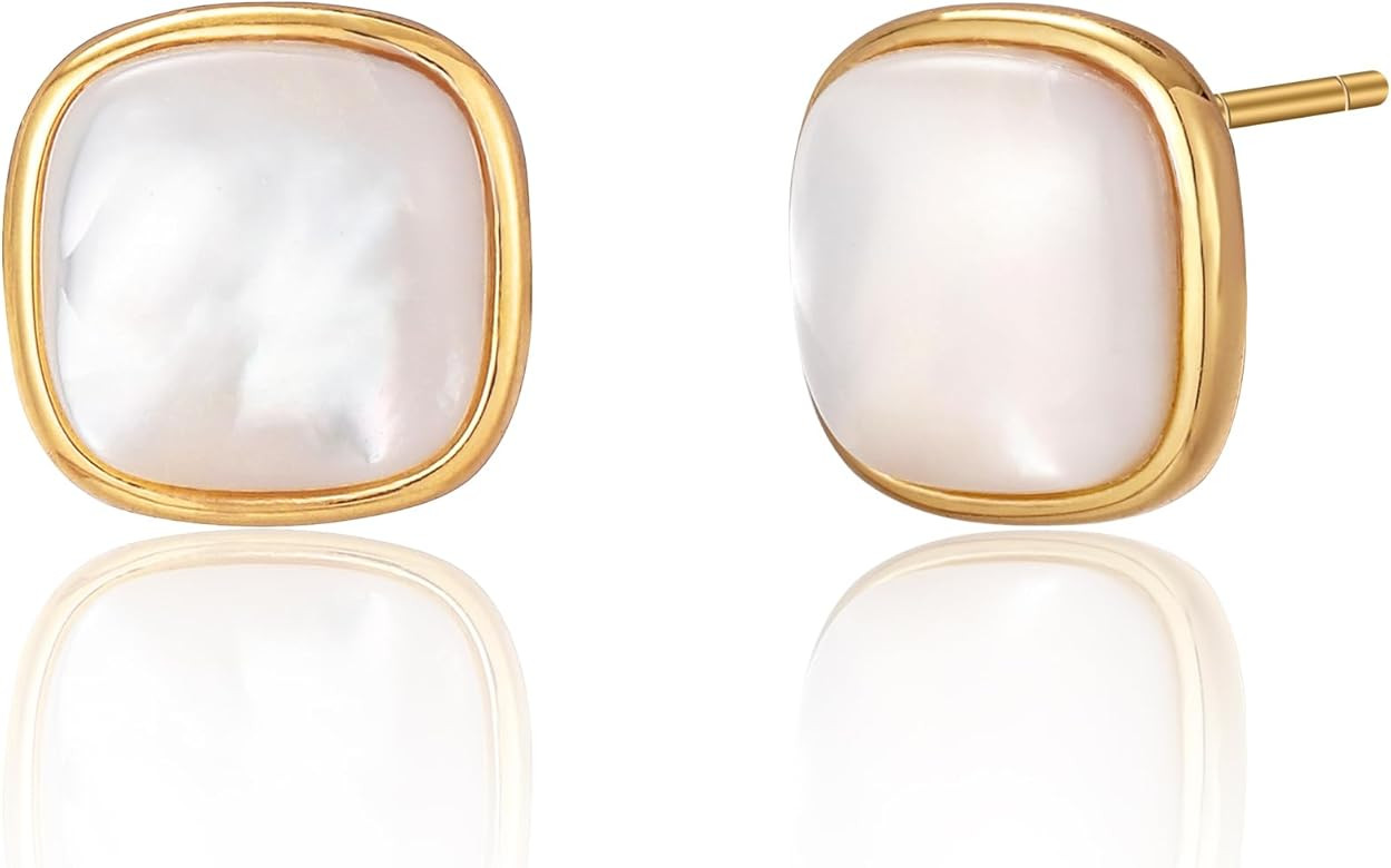 S.Leaf Minimalism Mother of Pearl Stud Earrings for Women Sterling Silver Shell Earrings Round I ... | Amazon (US)
