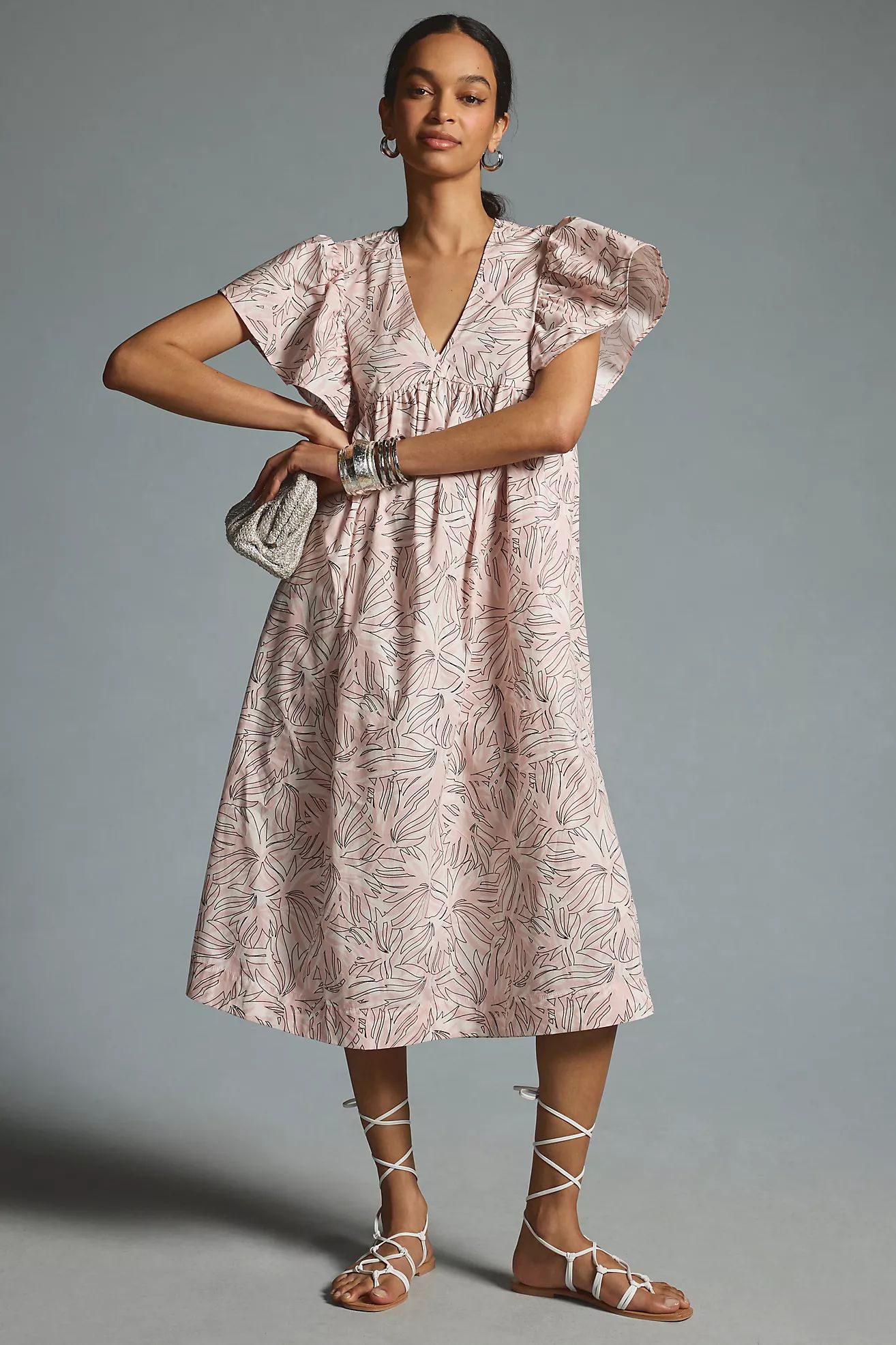 Maeve Printed Flutter-Sleeve Babydoll Dress | Anthropologie (US)