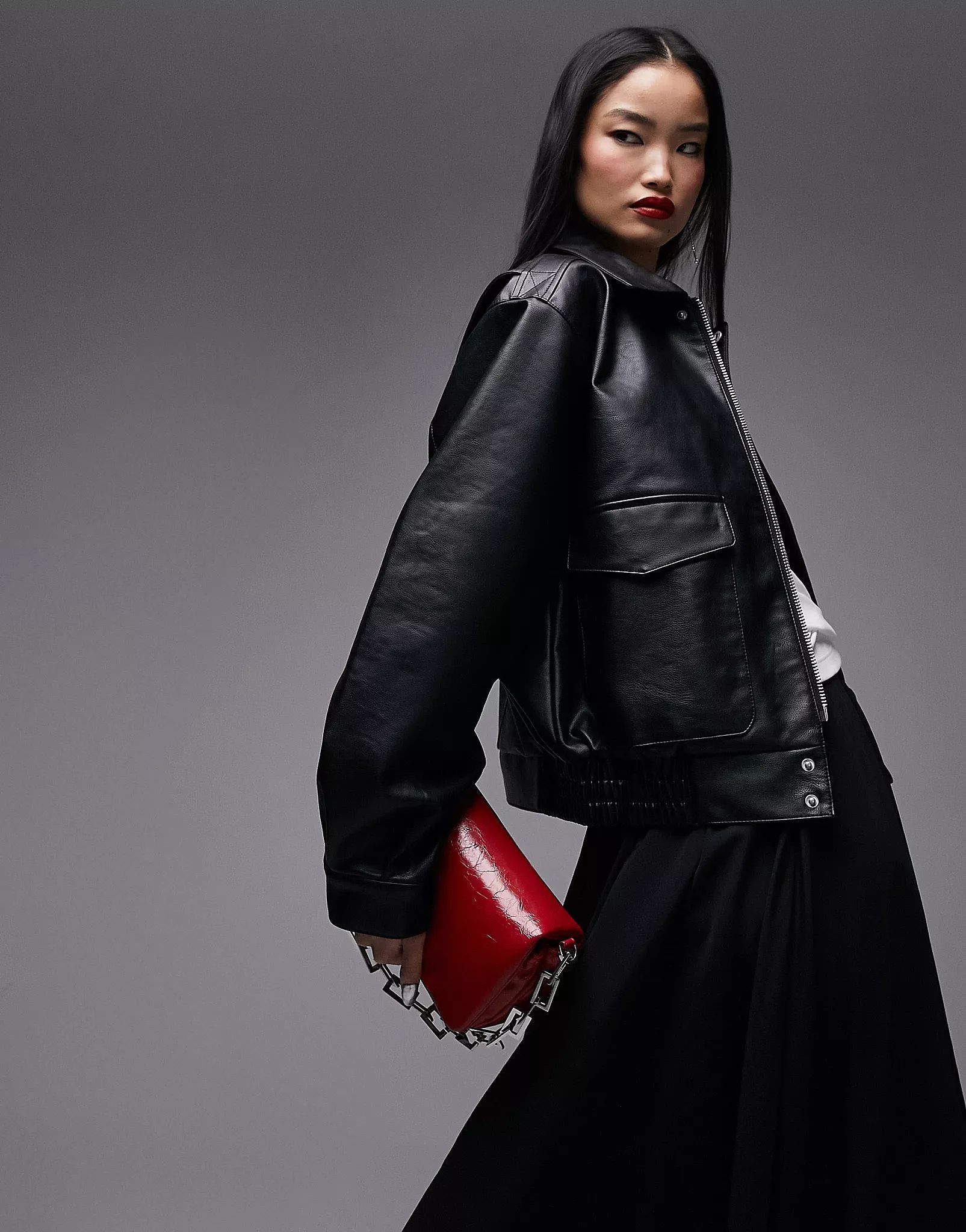 Topshop faux leather oversized pocket collar bomber jacket in black | ASOS (Global)