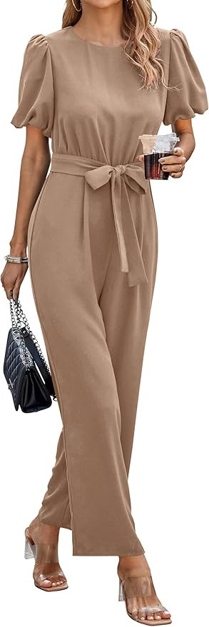 PRETTYGARDEN Jumpsuits for Women Dressy Summer Short Puff Sleeve Wide Leg Pants Romper Belted Cas... | Amazon (US)