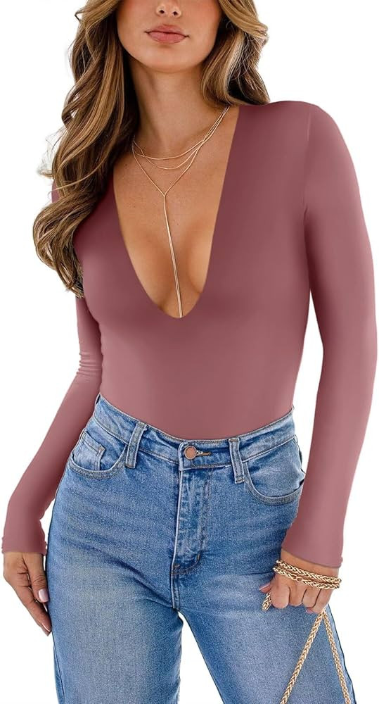 REORIA Women's Sexy Plunge Deep V Neck Long Sleeve Bodysuit Double Lined Going Out T Shirt Tops | Amazon (US)