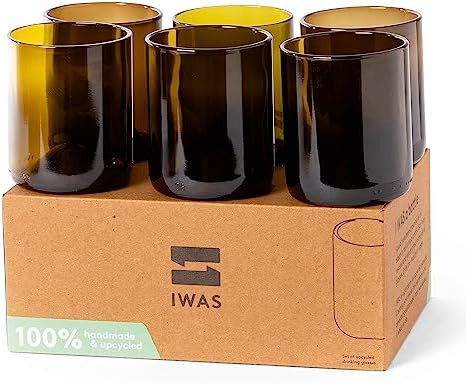 IWAS Upcycled Olive Drinking Glasses | 250 ML | 8.45 OZ | Set of 6 | Sustainable Water Glasses | ... | Amazon (US)