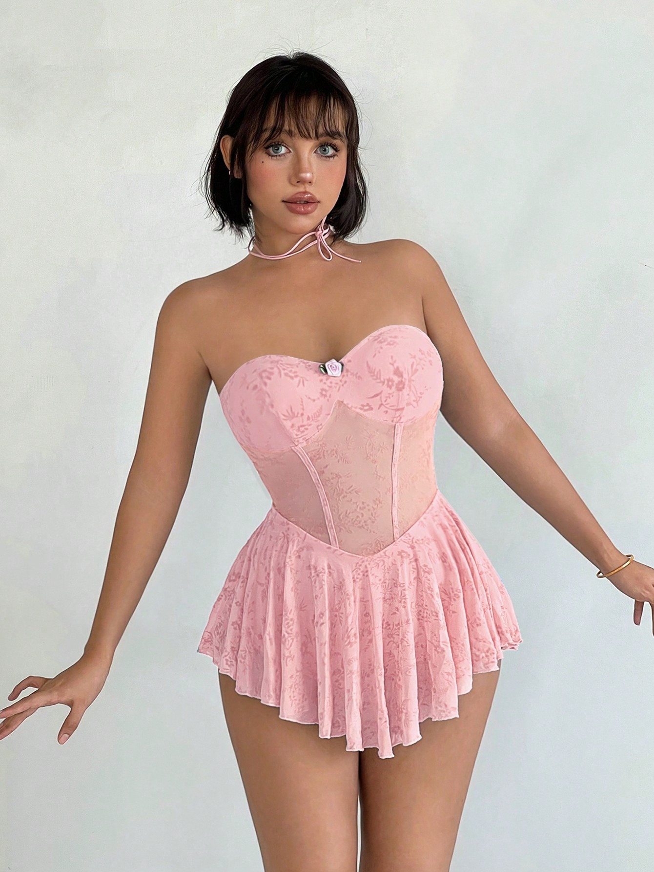 SHEIN Sweetina Strapless Textured Floral Pattern Knitted Elasticated Waist A-Line Mini Dress | SH... | SHEIN