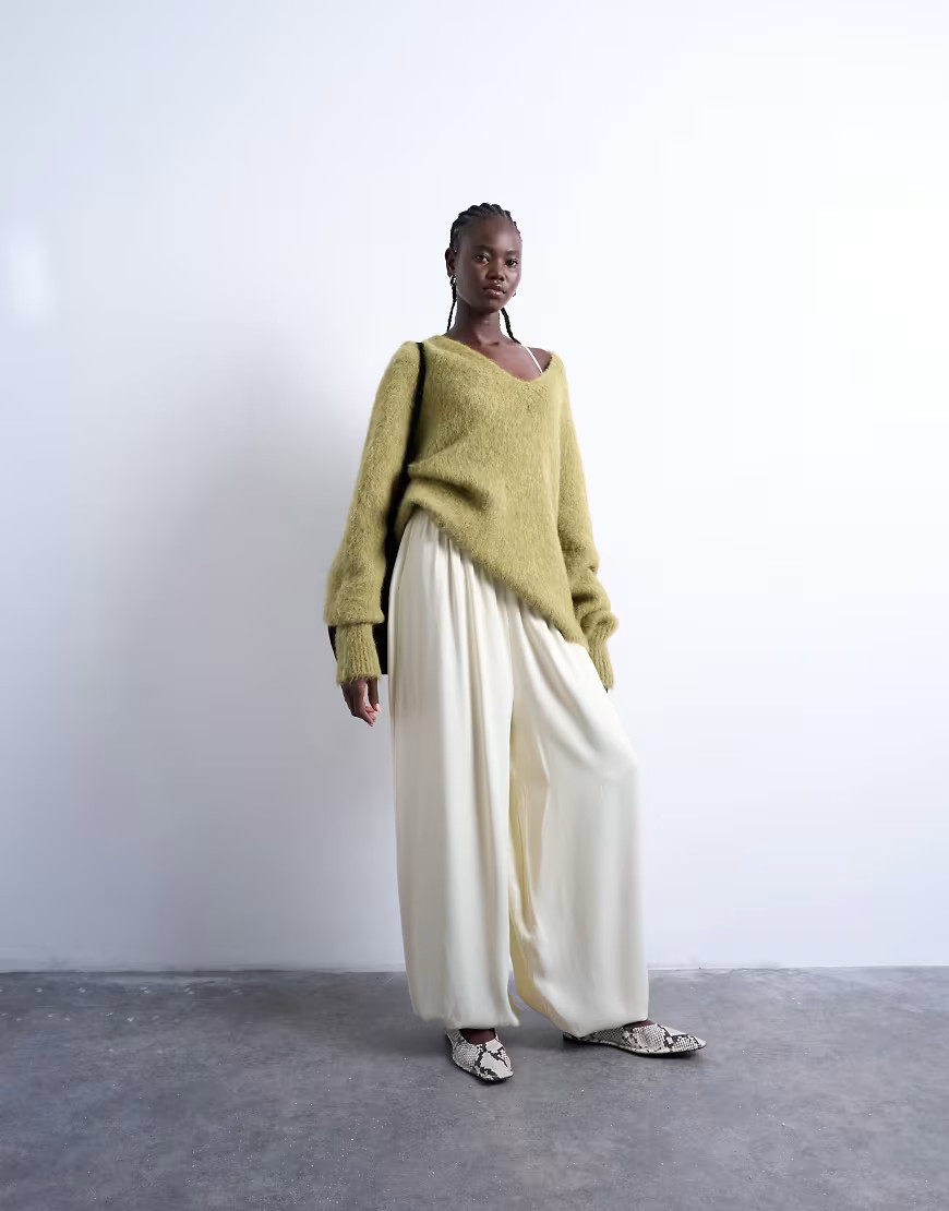 Topshop satin high waisted oversized balloon hem pants in oyster-Black | ASOS (Global)