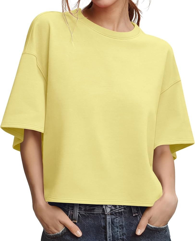 UNCLECAT Womens Oversized T Shirts Summer Short Sleeve Cropped Tops Workout Crewneck Causal Tee | Amazon (US)