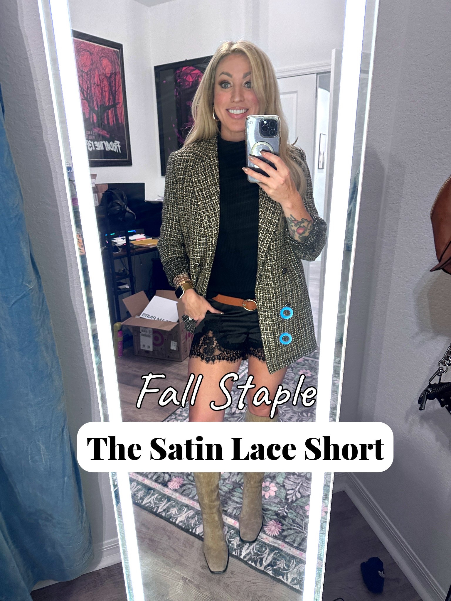 Fall date night outfit that feels expensive but isn’t 🖤
Paired my black satin lace shorts with a brown plaid blazer, suede knee-high boots, and gold accessories for that chic, polished fall energy.

Perfect for a night out, dinner date, or any time you want to feel a little extra. The textures and tones scream fall sophistication while keeping it comfy and realistic for moms on the go 🍂

🖤 Everything is linked below — grab these staples before they’re gone!
#LifeStyledByJamie #LTKStyle #DateNightOutfit #FallFashion #WomenOver40Style #PlaidBlazerOutfit #FallChic #ElevatedCasual #LTKUnder100 #FallStaples

#LTKStyleTip #LTKOver40 #LTKFindsUnder50