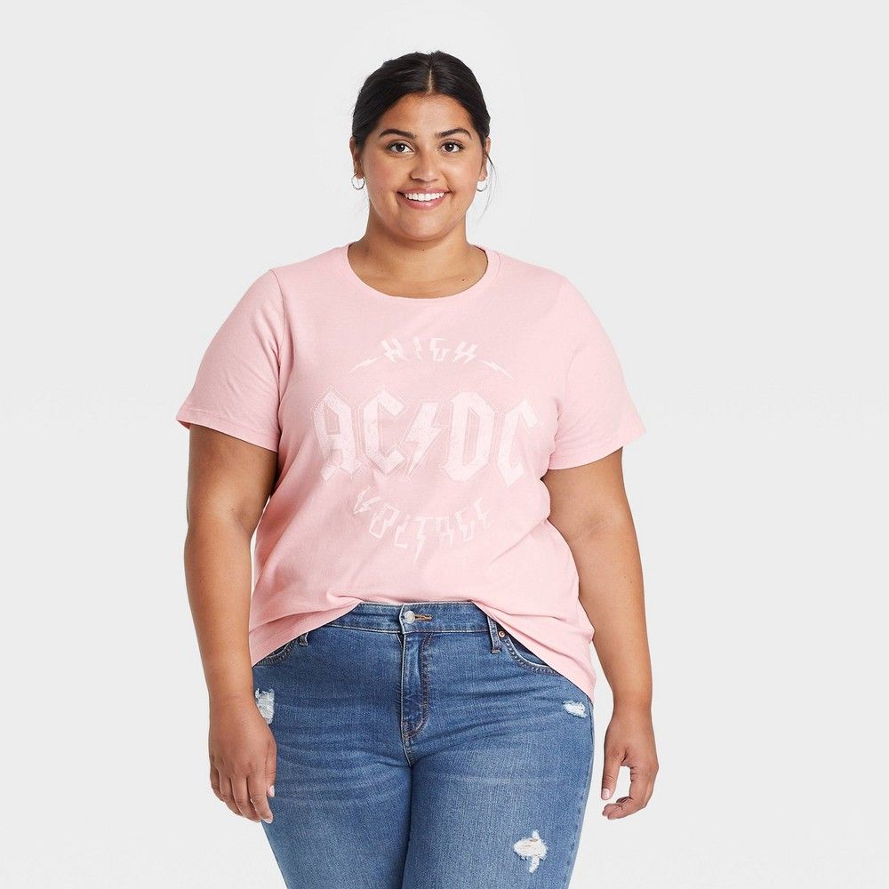 Women's AC/DC Plus Size High Voltage Short Sleeve Graphic T-Shirt - Pink 1X | Target