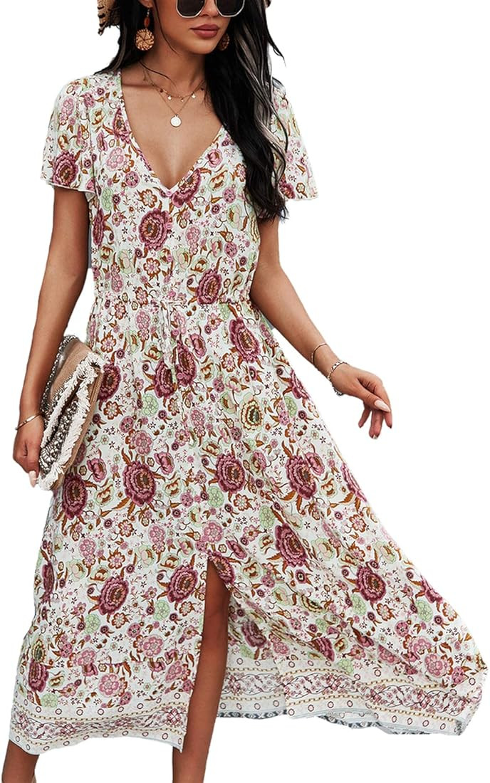 TEMOFON Women's Dresses Summer Bohemian Casual Short Sleeve Floral Print Maxi Dress S-2XL | Amazon (US)