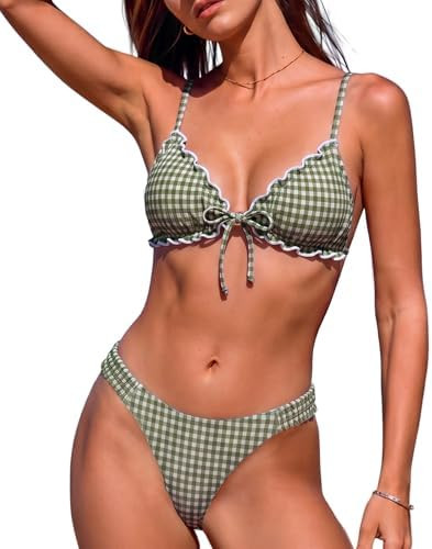 Urchics Womens 2 Piece Bikini Set Swim Textured Fabric Ruffled Front Tie Bow Waist Pleated Cute S... | Amazon (US)
