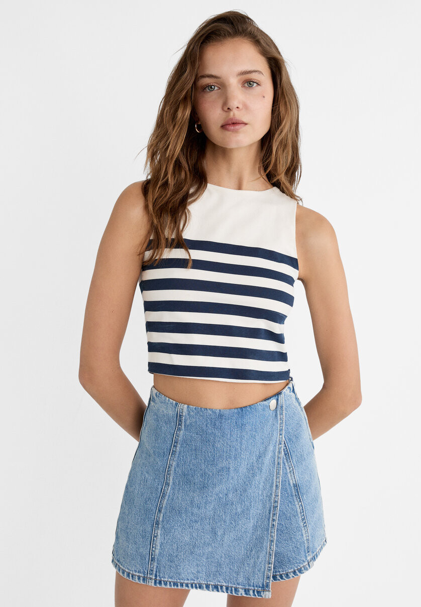 Crossover denim skort - Women's fashion | Stradivarius United Kingdom | Stradivarius (UK)