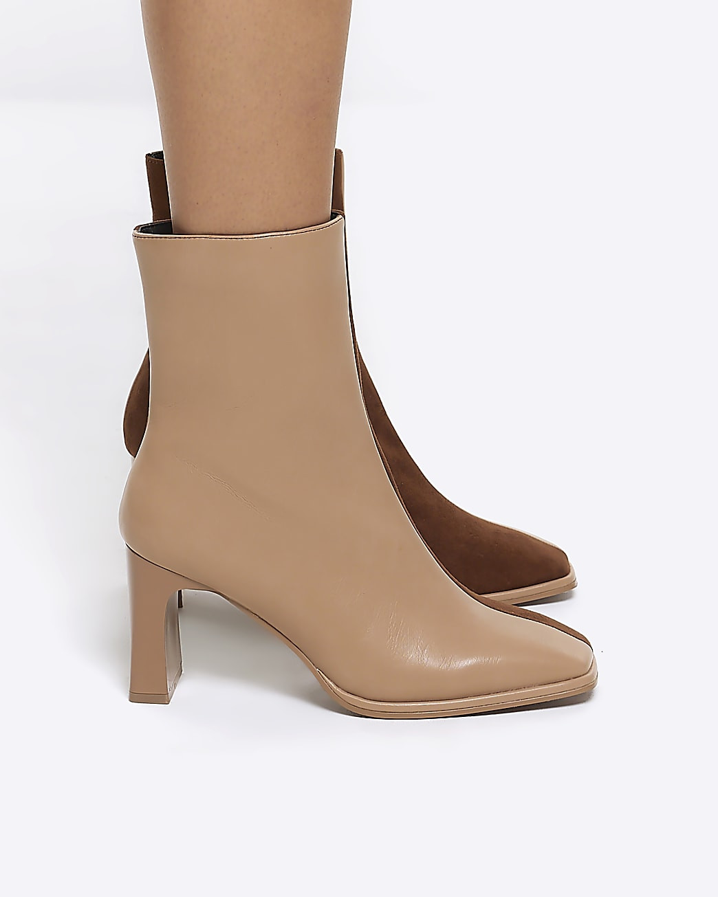 Beige two tone square toe heeled ankle boots | River Island (UK & IE)