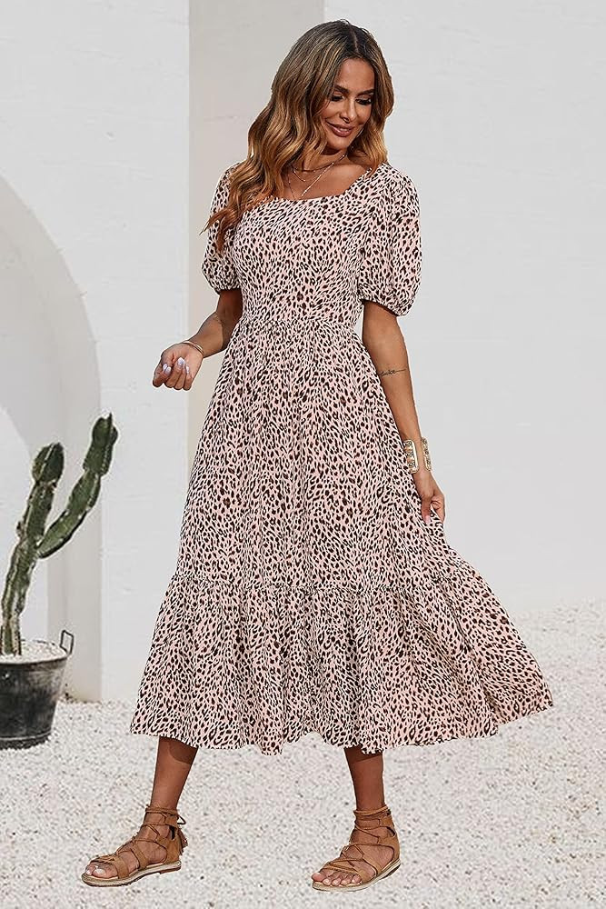 PRETTYGARDEN Women's Bohemian Dress Leopard Tie-Back Square Neck Puff Sleeve Ruffled Hem Summer Maxi | Amazon (US)