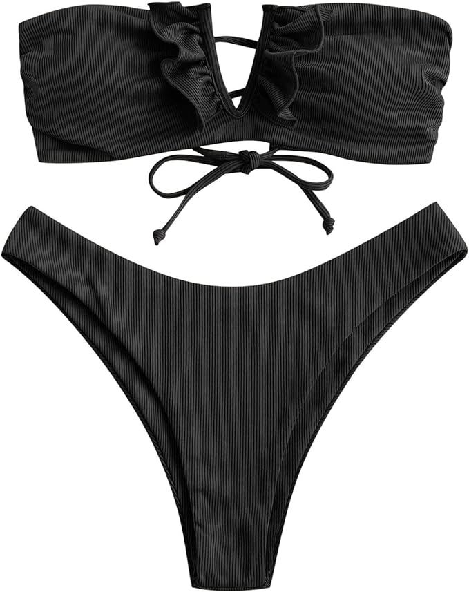 ZAFUL Women V-Wired Ruffle Ribbed Bandeau Bikini, Lace Up Bikinis Strapless Two Pieces Swimsuit | Amazon (US)