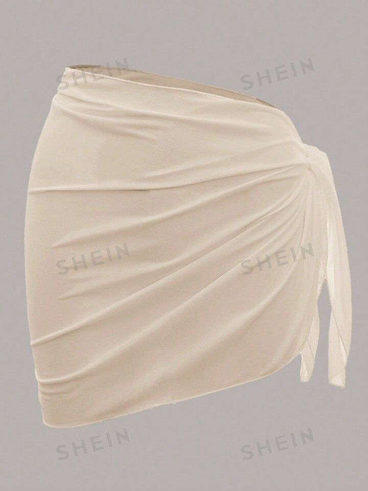 Solid Color Side Tie Pleated Beach Holiday Cover-Up Skirt | SHEIN