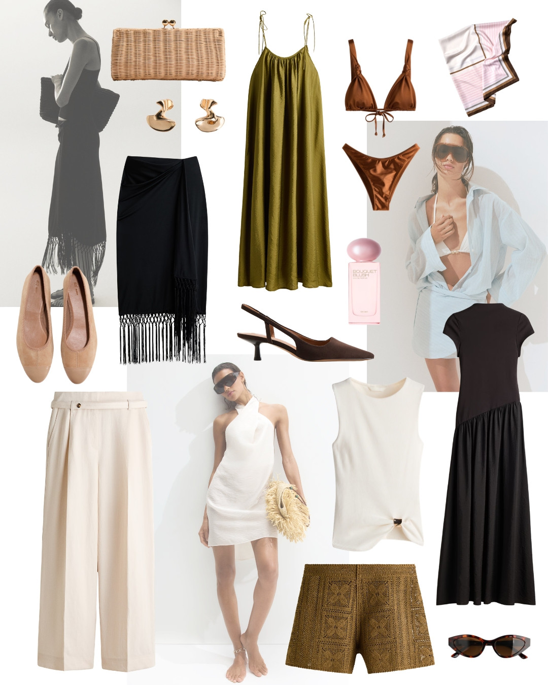 H&M NEW IN FAVORITES 🤍🖤🤎 — Fringe midi dress, wicker box clutch, gold shell earrings, nude ballet flats, black fringe sarong skirt, olive satin slip dress, brown bikini set, striped scarf, brown slingback mules, cream wide-leg trousers, white halter mini dress, cream tank top, crochet shorts, black tiered maxi dress and tortoise sunglasses.
#hm #newin #oldmoney #LTKsummer #LTKstyletip 

 #LTKeurope #LTKsummer #LTKstyletip