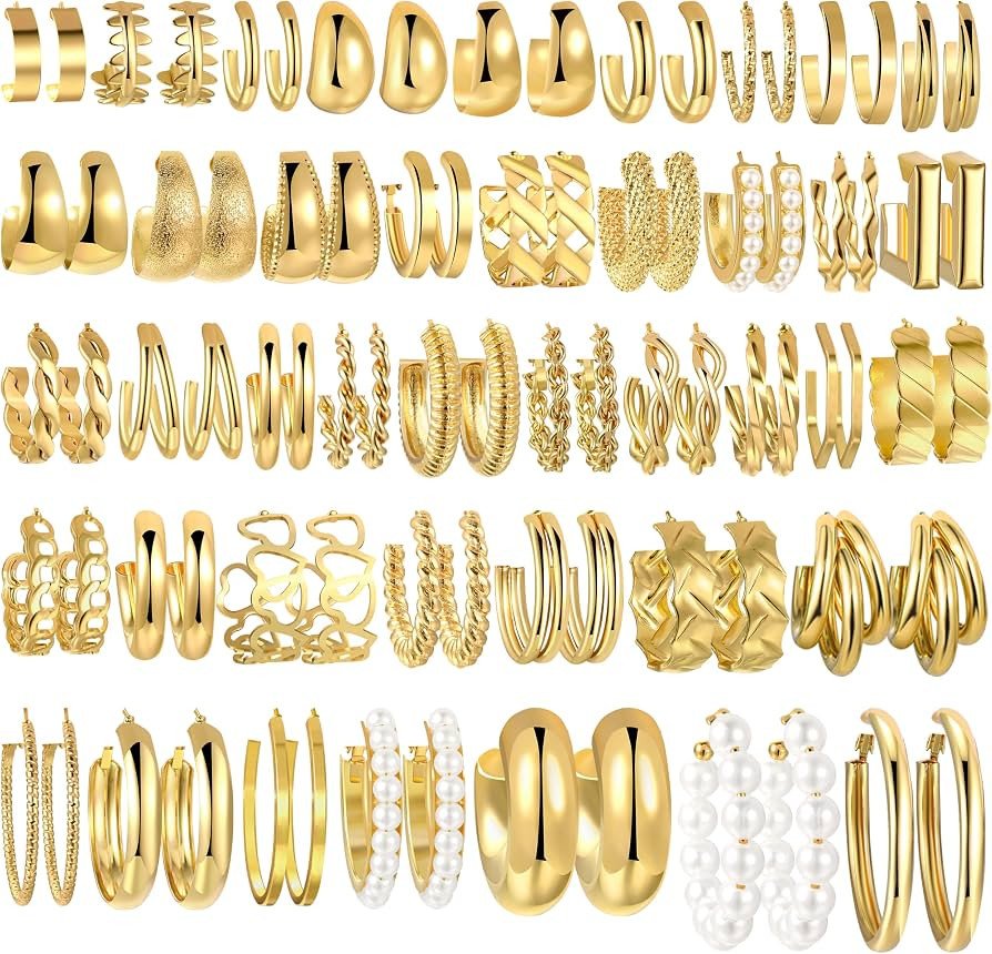 42 Pairs Gold Hoop Earrings Set for Women, Fashion Chunky Pearl Earrings Multipack Twisted Statem... | Amazon (US)